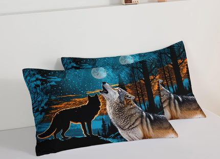 HOSIMA Wild Wolf Comforter Forest Animal Print Bedding with 2 Pillow Shams,Tree Moon Wolf Bedding Sets for Boys Kids Man Room Decor Snowy Forest Blue Queen Comforter Set.