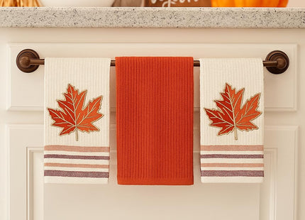Fall Thanksgiving Kitchen Hand Dish Towels, Orange Rust Maple Leaf, 3 PC