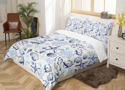 Coastal Duvet Cover Set Full Size,Beach Seashell Starfish Coral Bedding Set 3Pcs,Sea Ocean Theme Comforter Cover for Kids Teens Adult Bedroom Decor,Navy Sketch Nautical Quilt Cover,2 Pillowcases