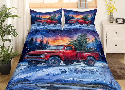Red Truck Kids Duvet Cover Set Queen Size,Christmas Tree Snowflake Bedding Set Teens Boys Girls Room Decor,Woodland Comforter Cover 3Pcs,Merry Christmas Bedspreads Cover,2 Pillowcases(NO Comforter)