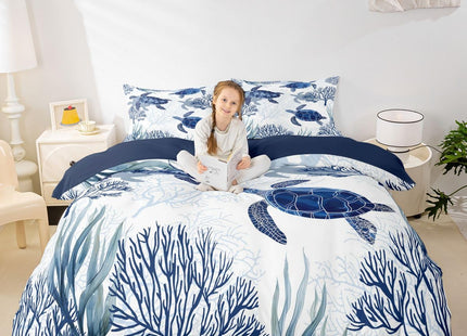 Turtle Bedding Set King Nautical Coastal Bedding,White Blue Sea Turtle Comforter Cover for Kids Boys Girls,Reptile Tortoise Duvet Cover Ocean Beach Theme Quilt Cover Kawaii Sea Animal Bedspread Cover