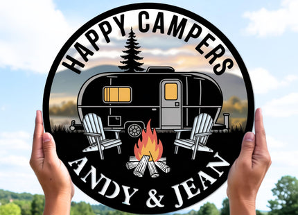 Personalized Happy Camper Metal Sign, Custom RV Decor Sign, Custom Campsite Metal Art, Large Camping Wall Art, Customized Campsite Decor, Rustic RV Name Plaque, Customized Name Plaque for Camping