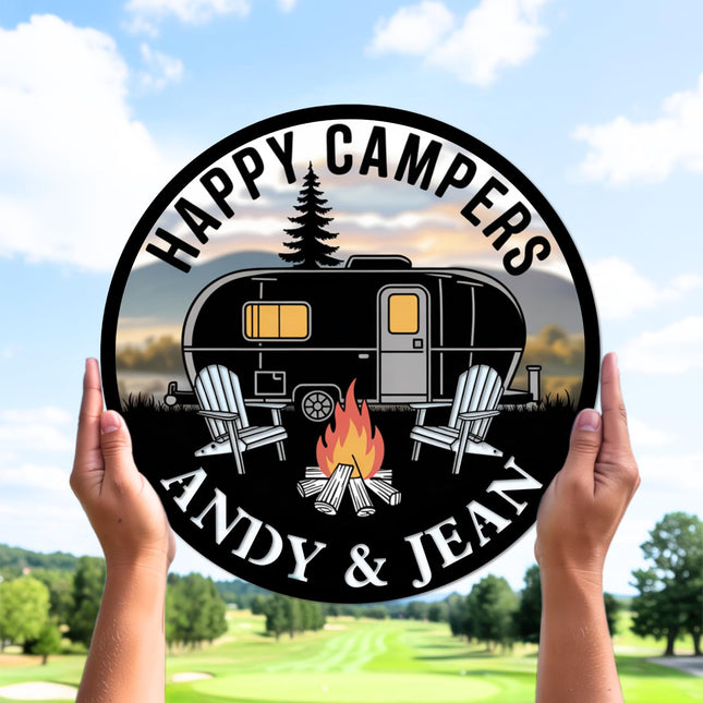Personalized Happy Camper Metal Sign, Custom RV Decor Sign, Custom Campsite Metal Art, Large Camping Wall Art, Customized Campsite Decor, Rustic RV Name Plaque, Customized Name Plaque for Camping