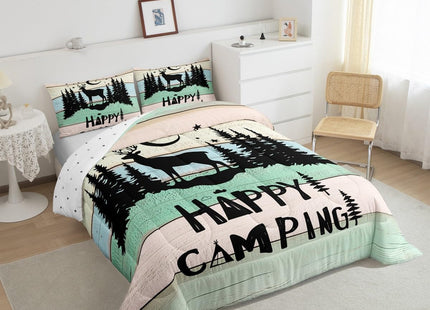 Kids Happy Camping Comforter Set Twin,Cute Deer Camper Bedding Set Rustic Farmhouse Woodland Animal Comforter For Boys Girls Old Barn Door Quilted Duvet Star Moon Pine Tree Decor 2 Pcs Black Green