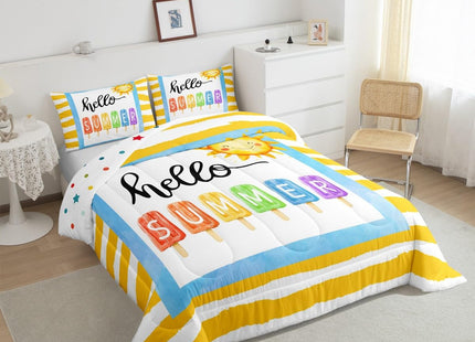 Erosebridal Kids Summer Beach Comforter Set Twin, Yellow Stripes Bedding Set for Girls Boys Teens Women Men Bedroom, Summer Funny Geometric Comforter, Sun Colorful Ice Cream Popsicle Quilt