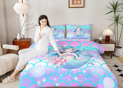 Erosebridal Kids Mermaid Full Size Comforter Sets for Girls Blue Pink Sparkle Mermaid Bedding Pastel Fish Scale Bedding Comforter Sets Coastal Beach Duvet Insert for Toddler Teen Cartoon Bed Set 3pcs