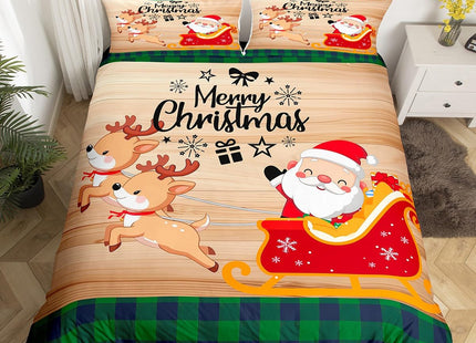 Merry Christmas Bedding Set Twin Size Cute Santa Claus Deer Duvet Cover Set 2Pcs,Black Green Xmas Grid Comforter Cover Kids Girls Boys Room Decor,Brown Rustic Wood Board Quilt Cover,1 Pillowcase