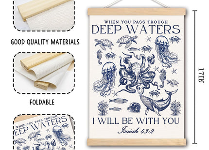 DNEULYR Marine Life Christian Canvas Wall Art, Isaiah 43:2 Bible Verse Wall Decor, Ocean Room Decor, Coastal Nautical Religious Prints Poster for Kids Bedroom Nursery Home, 12x16 Inches