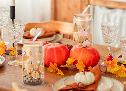 2 Pcs Fall Pumpkin Glass Cup With Lid & Straws Pumpkin Gifts for Women