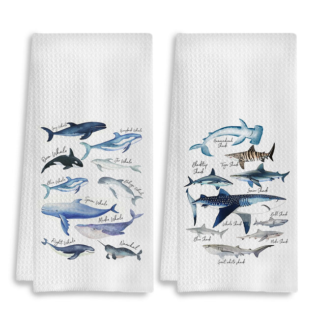 COWEB Whale Decor Towels Set of 2, Species of Whales Decorative Hand Towels for Bathroom, Ocean Bathroom Decor, Coastal Beach Kitchen Towels, Beach House Decor Dish Towels for Kitchen, 16x24 Inches