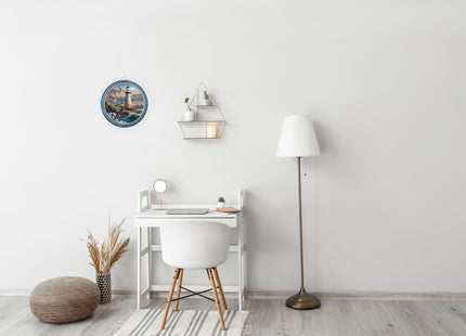 AWISZZZ Seagull Lighthouse Metal Sign 8x8in Round Coastal Plaque for Beach House Wall Decor Ocean Theme Gift
