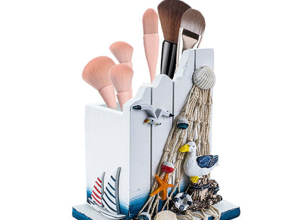 SeaHug Nautical Pen Holder, Coastal Wooden Desk Organizer with Seagull, Starfish and Seashell Details, Small Beach-Themed Pencil Cup for Office Desk, Vanity, Bathroom Counter Decor