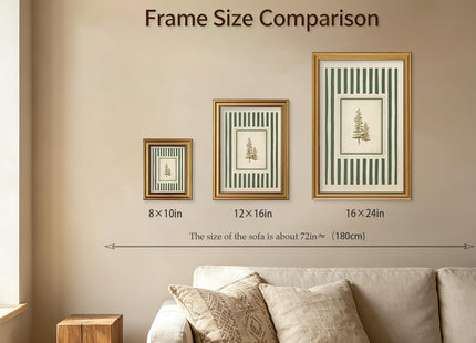 Vintage Gold Framed Wall Art Green Striped Pine Tree Botanical Canvas Print
