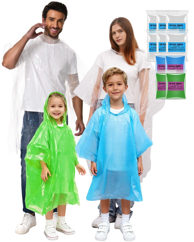 SANXINHT Disposable Rain Poncho Family 10 Pack for Adults & Kids with Hood - 2X-Thicker for Theme Parks, Travel & Outdoors