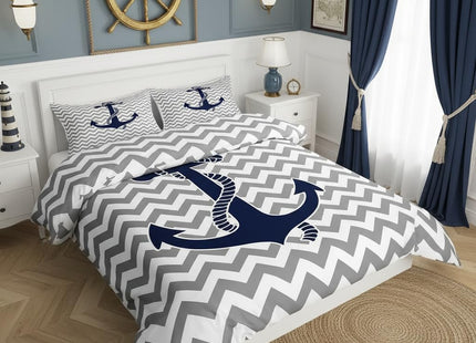 Nautical Anchor Duvet Cover Twin Size,Geometric Gray Stripe Bedding Set 2pcs for Kids Teens Adults Room Decor,Ocean Adventure Themed Comforter Cover Modern Abstract Quilt Cover,1 Pillowcase