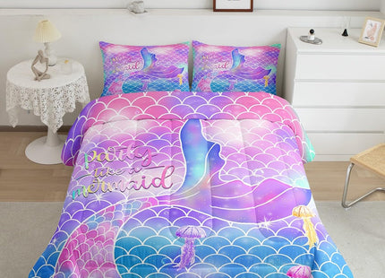 Girls Mermaid Comforter Set, Fish Scales Duvet Sets Twin Size, Glitter Rainbow Bedding Set for Kids Teens Women Bedroom Decor, Ocean Life Coastal Creature Bedding Comforters with 1 Pillow Case