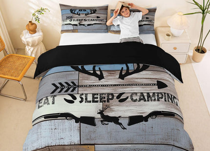 Erosebridal Camping Hunting Bedding Set Rustic Elk Deer Duvet Cover Queen Farmhouse Style Camper Theme Comforter Cover for Kids Adults,Eat Sleep Hunt and Camp Quilt Cover 2 Pillow Cases Grey Blue