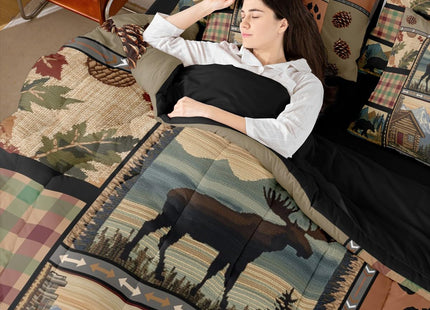 Feelyou Rustic Lodge Bear Moose 7 Piece Bedding Set Twin Size Retro Brown Wild Animal Bear Comforter Set with Sheets Boys Girls Cabin Country Hunting Theme Bed in a Bag Paw Prints Cabin