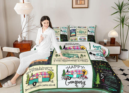 Erosebridal Camping Decor Quilt King,Camper Bedding Set Patchwork Style Wooden Cabin Comforter Set for Girls Women,Rustic Happy Camping Duvet Insert Retro Camp Travel Car Bedroom Decor