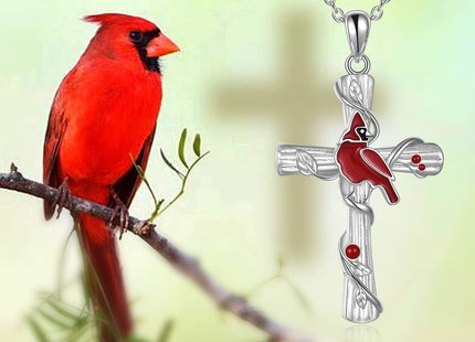POPKIMI Red Cardinal Pendant Necklace S925 Sterling Silver Cardinal Jewelry Bird Memorial Tree Pendant Jewelry Gift for Women