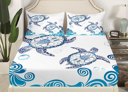 Turtle Bed Sheet Set,Ocean Animals Illustration Monochrome Sea Turtle Ocean Elements Sheets Set, Soft Decorative Fabric 3-Piece Bedding Set (Flat Sheet + Fitted Sheet + Pillow Sham) White Blue,Twin
