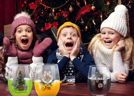 Potchen 4 Pcs Christmas Stemless Wine Glasses 18oz Cups, Holly Tree