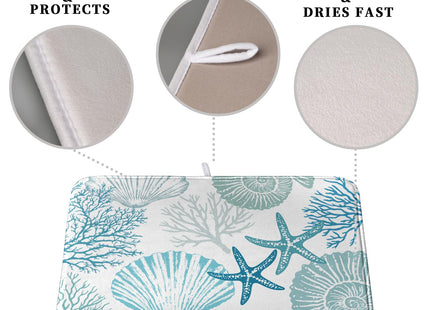 Summer Teal Dish Drying Mat for Kitchen Counter Nautical Coastal Blue Dishes Drainer Mats Turquoise Beach Coral Seashell Starfish Ocean Absorbent Microfiber Dish Draining Pad 18x24 Inch