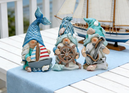 Hodao Coastal Nautical Gnome Figurines Set, Ocean Theme Resin Gnome Decor with Anchor Helm Sailboat, Beach Coastal Home Tabletop Decoration Gift for Spring Summer All Season
