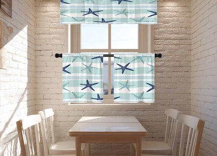 BaoNews Coastal Navy Blue Blackout Kitchen Curtain, Coastal Starfish Repeat Pattern Navy Blue Turquoise Window Treatment Rod Pocket Light Filtering Bathroom Short Valance 1 Pack 52X18 Inches