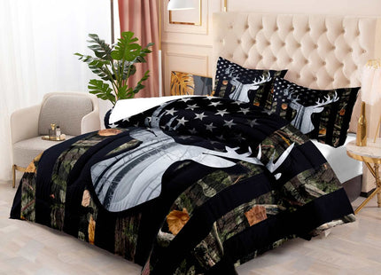 LUVIVIHOME 3PCS Deer Hunting Comforter Set Queen Size, Camo Bed Set Patriotic Black American Flag Bedding, Forest Animal Wildlife Country Lodge Rustic Farmhouse Cabin Camouflage Quilt, 2 Pillow Shams