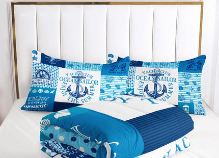 Nttopship Blue Ocean Grid Theme Comforter Set for Kids and Adults Anchor Sailboat Lighthouse Shell Quilt Set for Bedroom 100% Soft Microfiber Quilt Set with 1 Comforter and 2 Pillow Case