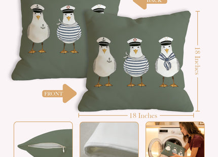 JLLBF Olive Green Nautical Throw Pillows Cover 18x18 Double-Sided, Coastal Blue Pillow Covers, Funny Seagull Decor for Home Bedroom Couch Bed, Summer Bathroom Decor