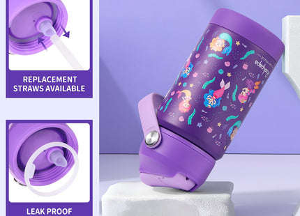 rockpapa 14oz Kids Stainless Steel Water Bottle with Straws, Mermaid