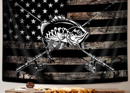 Country American Flag Fishing Tapestry, Rustic Hunting Camo Bass Fish Lake Black and White Tapestry Wall Hanging for Men Bedroom, Cabin Tapestries Poster Blanket College Dorm Home Decor 60X40inches