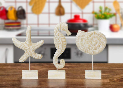 Exttlliy 3pcs Wood Starfish/Conch/Seahorse Statue Beach Ocean Coastal Decor