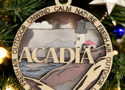 Acadia National Park Lighthouse - 3" Round Wood Christmas Ornament, Handmade in USA, 2-Layer Laser Cut with Color Artwork