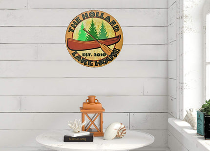 Tin Sign Shop | Vintage Lake House Sign with Canoe | Personalized to Your Specific Needs | Round 14" Diameter