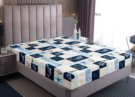 Ocean Coastal Theme Fitted Sheet Queen Size,Navy Blue Geometric Plaid Patchwork Grid Bedding Set Whale Conch Seahorse Starfish Coral Bed Sheet 3Pcs,Undersea World Deep Pocket Sheet,2 Pillowcases