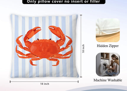 Exqcom Coastal Red Crab Pillow Covers 18x18, Blue and White Striped Coastal Nautical Crab Throw Pillow Covers for Bedroom Beach House Home, Preppy Beach Room Decor