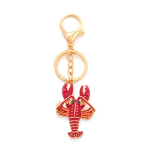 Red enamel lobster keychain with rhinestones and gold-tone hardware
