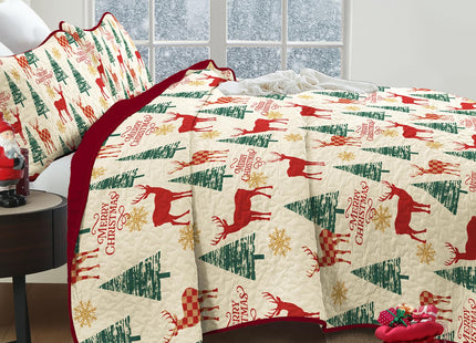 Dinjoy Quilt Set Queen Christmas,Red Beige Bedspreads Holiday Bedding Set Queen Size 3 PCs Xmas Tree Reindeer Snowflake Rustic Lodge Coverlet Set Gifts for Family Bed 90" x 96"