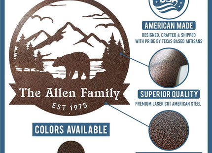 RealSteel Personalized Bear Family Metal Sign – Custom Mountain Scene Monogram Wall Art, Circular Outdoor Steel Decor for Porch, Patio, Cabin, Lodge & Garden – Rustic Personalized Gift