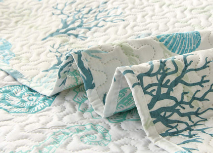 Hailea Ocean Quilt Set Full/Queen Size Coastal Beach Theme Bedding Lightweight Reversible Starfish Seashell Conch Bedspread Coverlet Seaweed Coral Bed Cover with 2 Pillow Shams