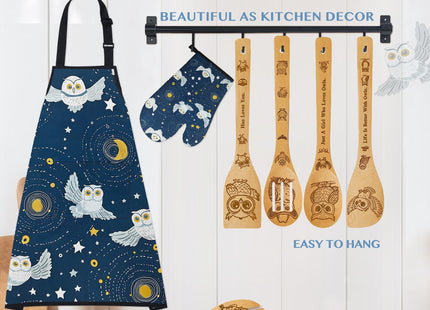 Owl Gifts for Women,8pcs Owl Bamboo Cooking Utensil Spoons with Apron Oven Mitt Potholder,Personalized owl Gift for Mom,Housewarming Kitchen Decor,Easter,Birthday,Mother's Day