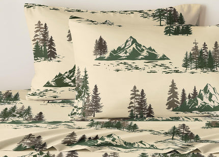 Wake In Cloud - Rustic Bed Sheets, 4-Piece Sheet Set, Cabin Forest Woodland Camping Theme with Lodge Mountain Pattern Printed Bedding, Deep Pocket, Green Brown, Queen Size