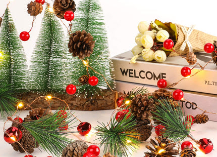 Luditek Christmas Garland with Lights, Red Berry Pine Cone 6.5FT 20 LED Garland Lights Battery Operated, led Garland String Lights, Christmas Decorations Indoor for Home Fireplace Mantel Xmas Decor