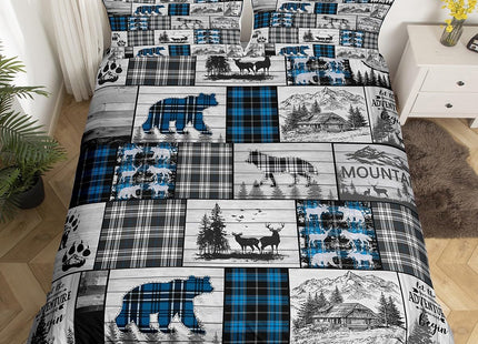 Hunting Wolf Bear Deer Bedding Set For Kids Boys Retro Blue Black Grey Plaid Buffalo Plaid Lodge Comforter Cover King Rustic Farmhouse Cabin Duvet Cover Woodland Animal Bed Set 2 Pillow Cases