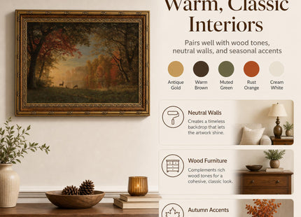 UAWRL Vintage Framed Fall Forest Deer Wildlife Landscape Canvas Wall Art