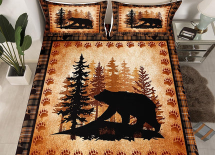 Castle Fairy Bear Print Bed Sheet Set Queen Size,Wild Animal Hunt Pine Trees Retro Bedding Set for Children Adult,Rustic Grid Plaid Cabin Decor Sheet Sets with Flat, Fitted Sheet, 2 Pillowcases