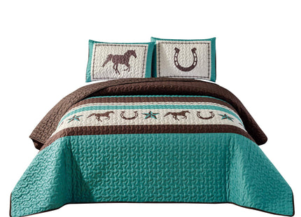 WPM WORLD PRODUCTS MART Western Teal/Beige/Brown Horseshoe, Horse, Barb Wire Cowboy Print Queen Size Bedspread 3 Piece Southwestern Cabin Lodge Design Coverlet Quilt Set- JENA (Queen)
